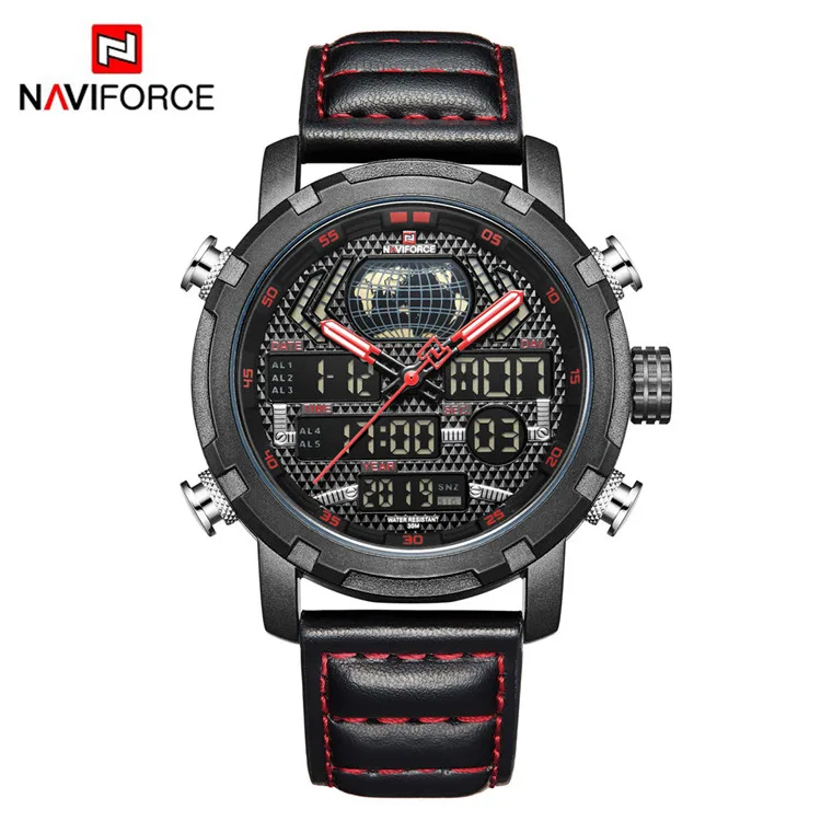 Новинка NAVIFORCE, мужские модные спортивные часы, мужские кожаные водонепроницаемые кварцевые часы, мужские Аналоговые часы с датой, светодиодный - Цвет: black red