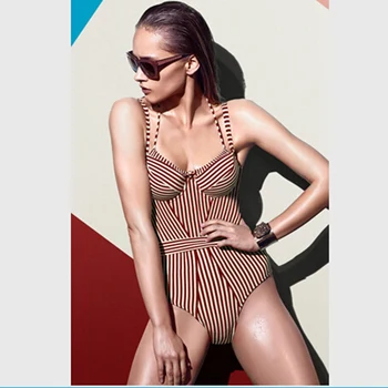 

2018 Women New Fashion Sexy Stripe Hollow Out Spaghetti Strap Lace Up Bandage Halter Push-up Padded Bow Summer Bodysuits Hot