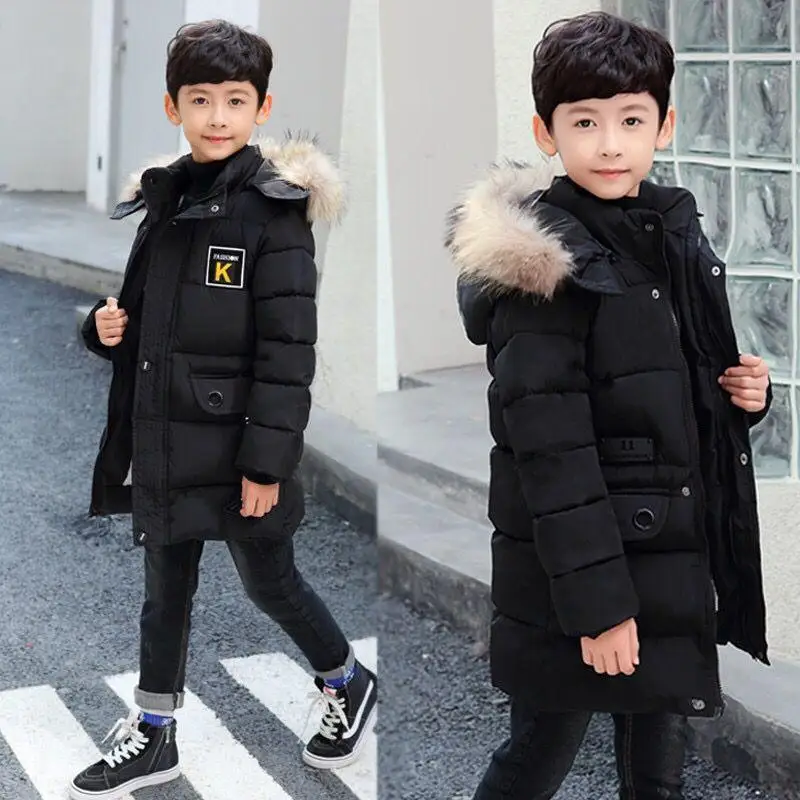 Коллекция года, детская одежда зимнее пальто для мальчиков Длинная утепленная хлопковая куртка для детей возрастом от 4 до 15 лет Высококачественная хлопковая стеганая одежда - Цвет: black