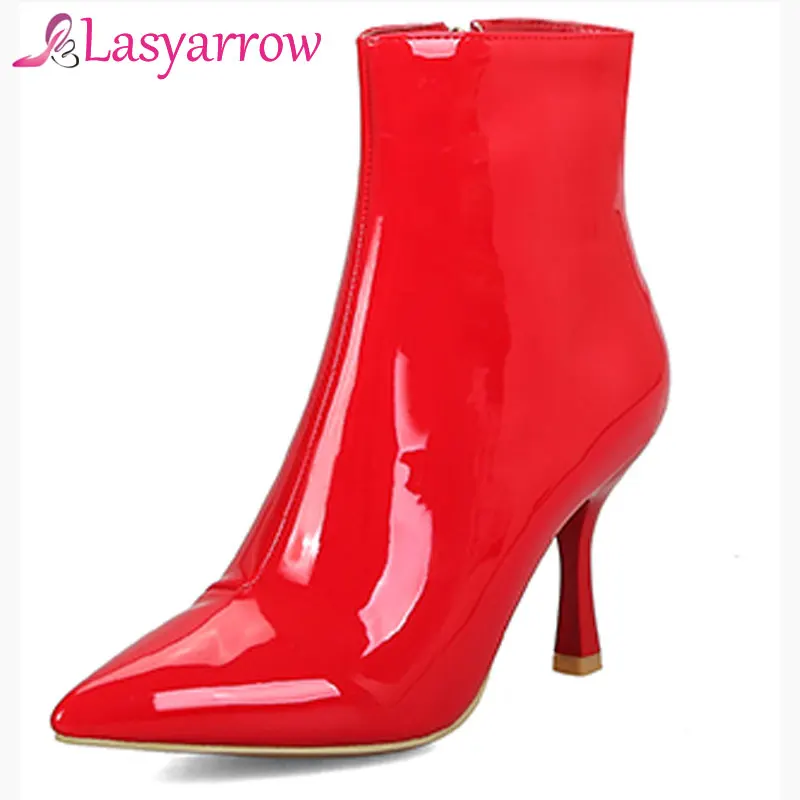 

Lasyarrow Black Red Patent Leather Ankle Boots High Heels Boots Women Winter Shoes Female Pointed Toe Botas Woman Autumn Boots