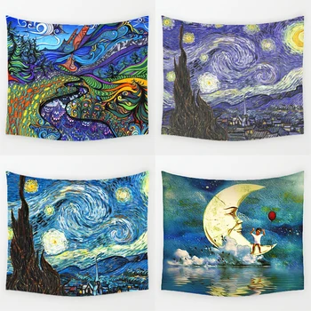 

Colorful Artistic Impressionist Oil Painting Series Tapestry Star Moon Night Forest Wall Hanging Living Room Decor Art
