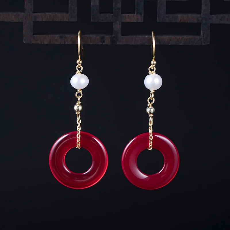 red circle dangle earring woman 100% 925 Sterling silver Jewelry vintage silver earrings woman gift chinese style ethnic earring