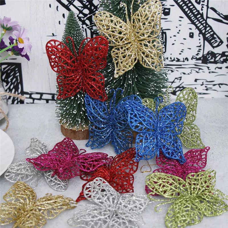 12Pcs/Bag 7cm Christmas tree simulation butterfly New Year Christmas