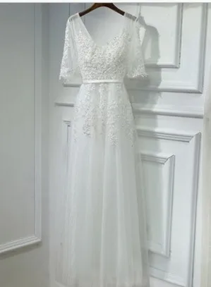 white half sleeve Robe De Soiree, красное вино, кружевное длинное вечернее платье с бисером, с открытой спиной, для невесты, v-образный вырез, без рукавов, прозрачное, для банкета, сексуальное платье для выпускного вечера вечерние плать - Цвет: white half sleeve