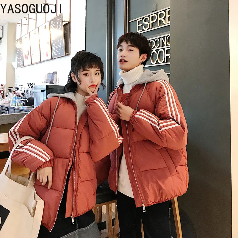 

YASUGUOJI new 2019 fashion striped patchwork winter coat women Thick warm casual hooded cotton-padded jacket women parkas L042