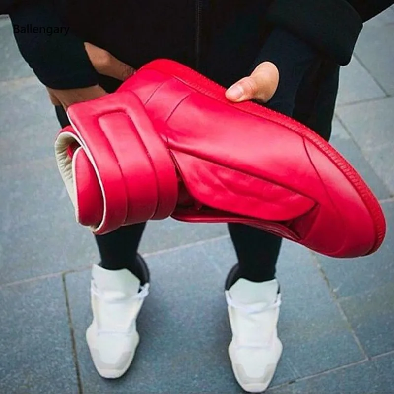 

Hot Selling Men Shoes Soft Leather Casual Shoes Men's High Top Hook&Loop Red Gold Silver Black Size 39-46 Men Sneakers