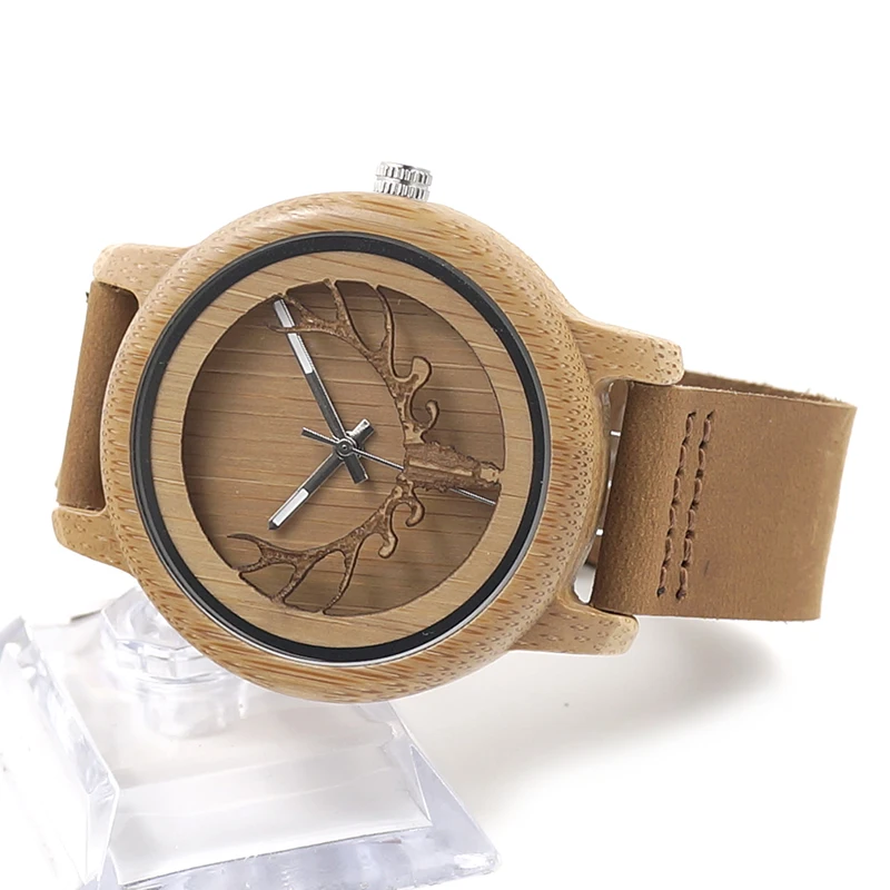 BOBO BIRD A27 Skeleton Watch With Deer Buck Head Design Bamboo Wood Quartz Watches With White Real Leather Band in Box Relogio