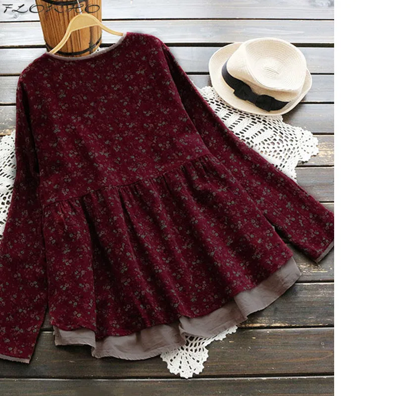 Vintage Women long Sleeve Tops Blouse V-Neck Floral Loose Cardigan Tops Female Plus Size Cotton Linen Loose blusa feminina L-5XL Blouses