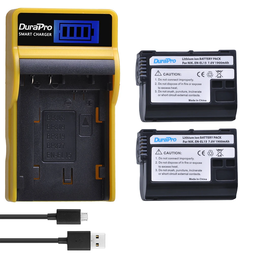 DuraPro 2pc1900mAh EN-EL15 EN EL15 Li-ion Batterie + LCD USB Chargeur pour Nikon D800E D800 D600 D7100 D7000 D7100 V1 MB-D14 Caméra