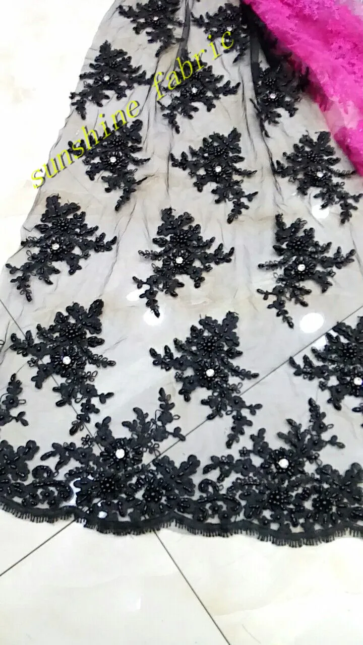 

Black african lace fabrics high quality embrroidery cord guipure lace fabric for party dress Nigerian beaded lace fabric