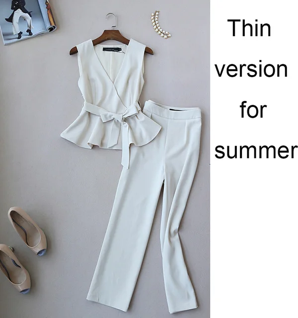 Весенне-летний модный женский топ с v-образным вырезом и бантом на талии и широкие штаны, комплект одежды, OL комплект - Цвет: beige thin
