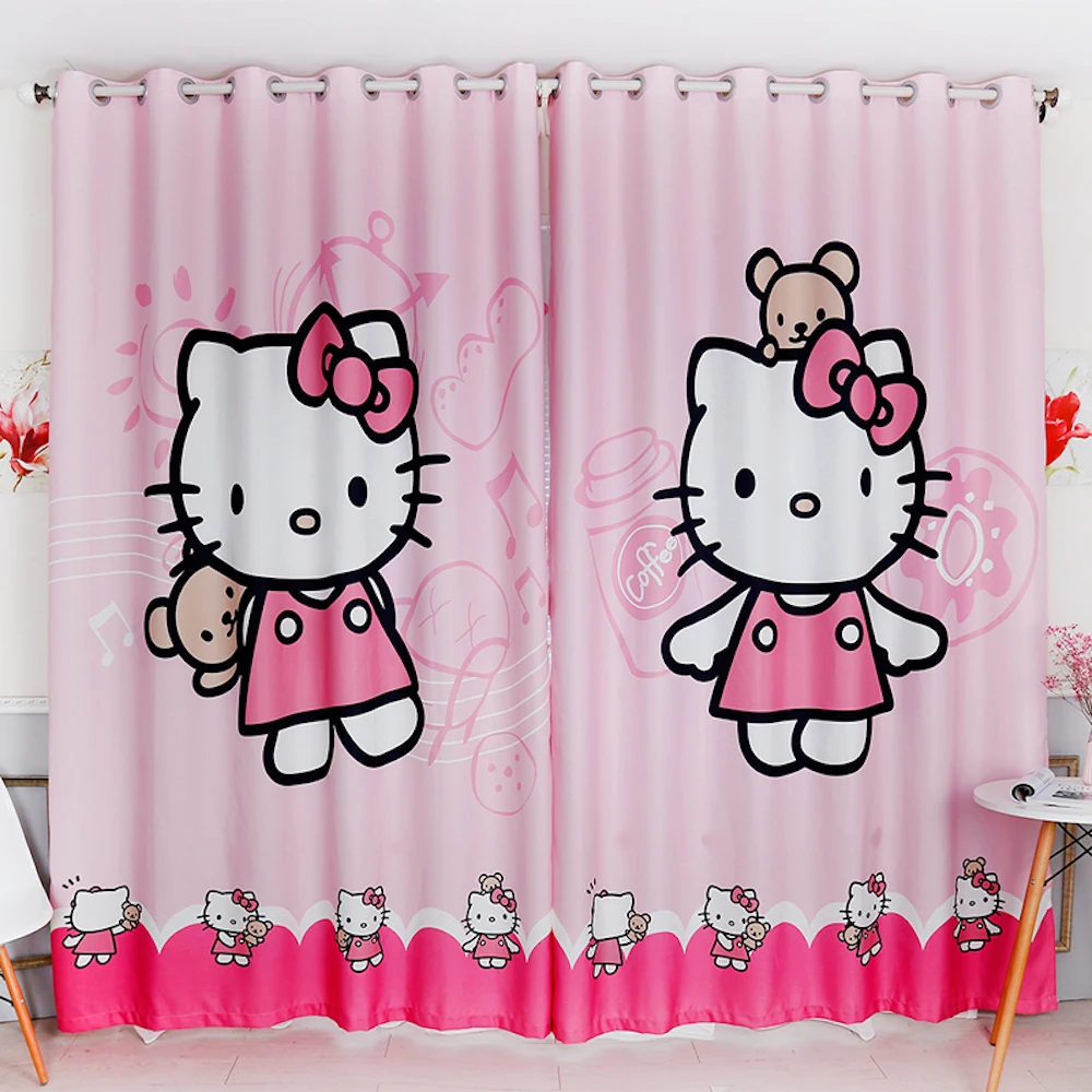 На заказ, 2x занавески на окна, драпировка, занавески для детской комнаты, занавески на окна, тюль, 200 см x 260 см, розовый котенок