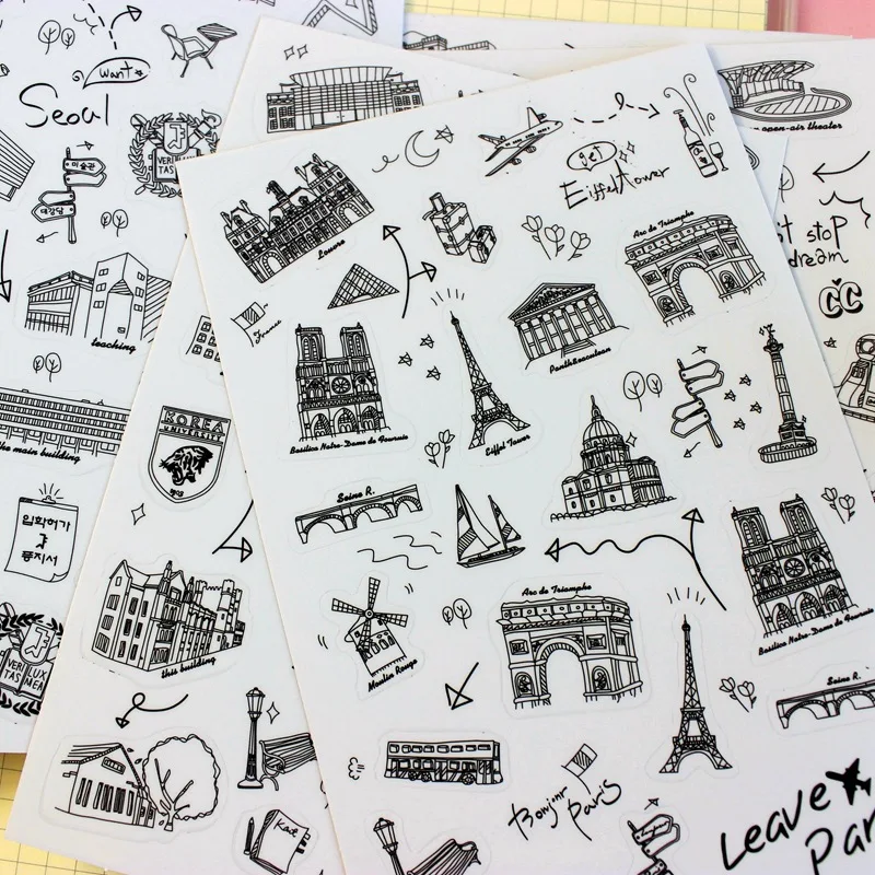 

6 Sheets Transparent Stickers Set Adesivo Notebook Laptop Sticker Scrapbooking Diary Sticker Funny Cheap Toy Eiffel Tower