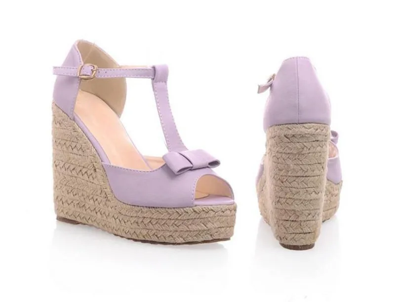Summer Peep Toe Women Wedge Sandals Sweet Bow Straw Platform Lolita Shoes Ankle T-Strap High Heels Gladiator Sandals For Woman (22)
