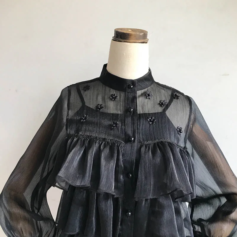 NiceMix 2019 new fashion women's blouse shirt Pearl single-breasted layered ruffled lanterns sleeves elegant court shirt women - 33006550330