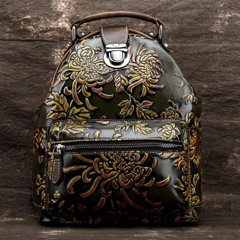 

High Quality Natural Skin Rucksack Knapsack Embossed Chinese Style Brush Color Bag Daypack Women Genuine Leather Backpack