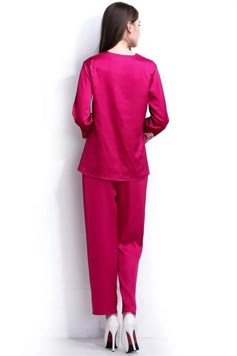 Атлас Для женщин пижамы Наборы для ухода за кожей Кружево v-образным вырезом Топы с длинными рукавами с полной Длина пижамы Брюки для