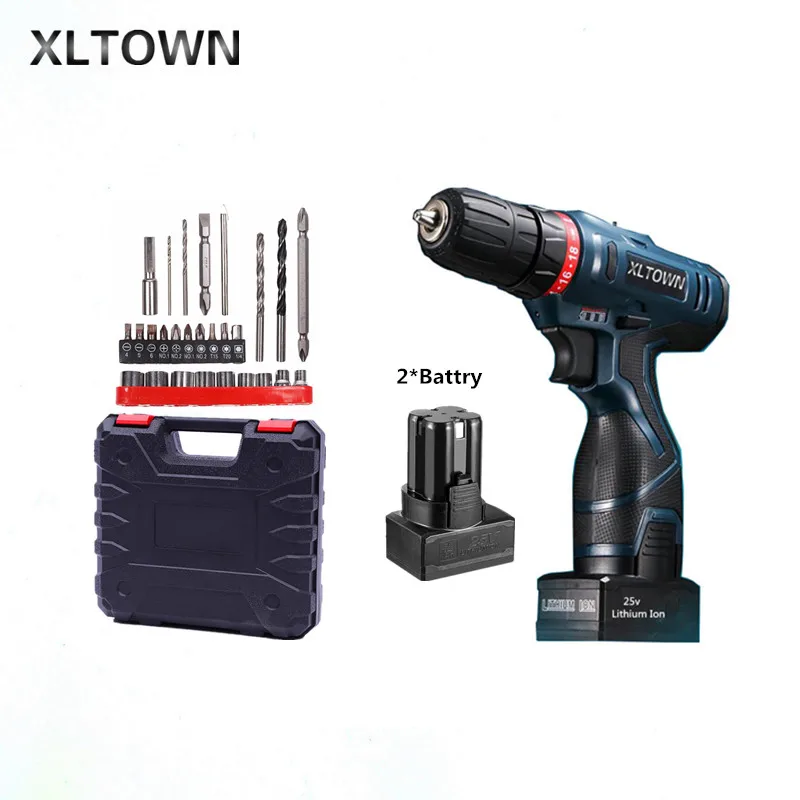 

Xltown 25v two-speed 2*battery lithium battery electric screwdriver with a Plastic box packaging 27pcs drill bit electric drill