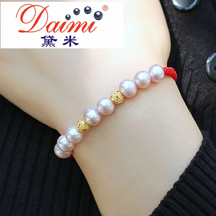 High Quality Red Bracelet 8-9 MM Purple Natural Freshwater Pearl & 999 Pure Gold Ball Bracelet Bijouterie