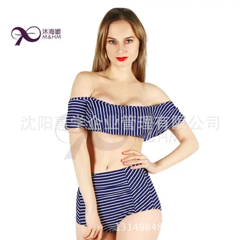 

Sexy bikini Set High Waist Swimwear Women Striped Biquini Ruffled Swim Bathing Suit White Blue Swimsuit Vintage Bikinis
