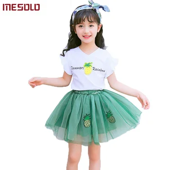 

Children's clothing sets 2018 summer new girls Candy-colored T-shirt +skirt 2 pcs suit kids mesh princess dress clothes sets