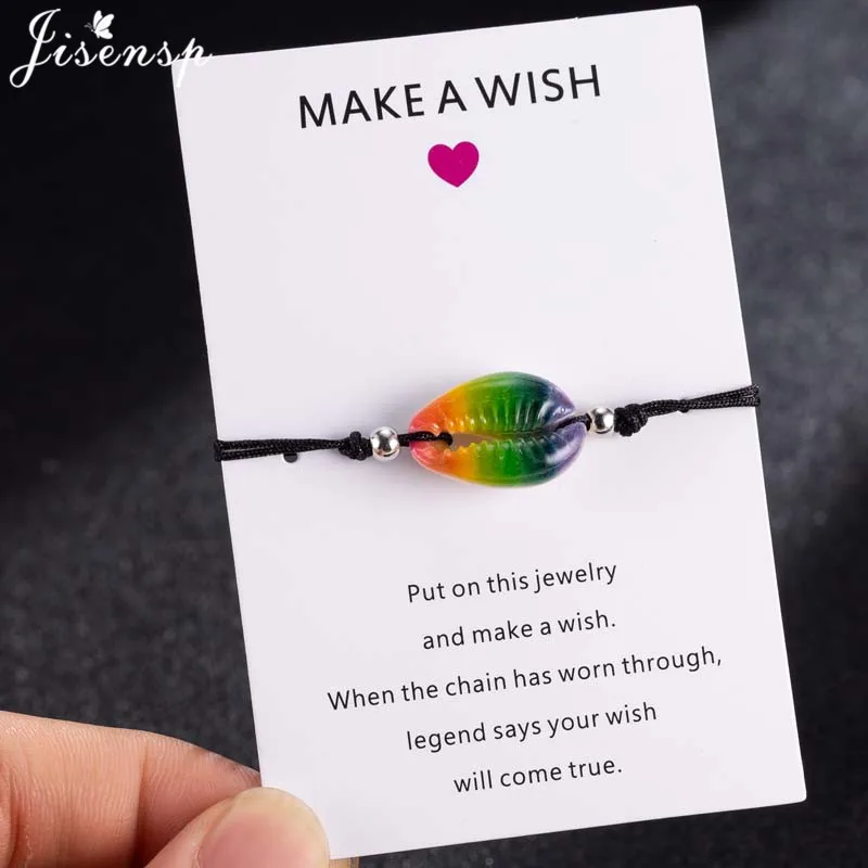 

Jisensp Handmade Cowrie Shell Charm Bracelet Femme Wish Card Black Rope Chain Bracelet for Women Mom Best Friend Gift pulseira