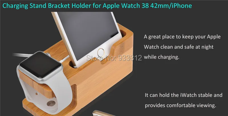 for Apple Watch iPhone Stainless Steel Band+Bamboo Wood Charging Bracket  