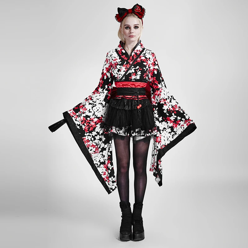 

Steampunk Gothic Retro Lolita Sexy With Flower Printing Wide Sleeve Women Dress Japaness Style Casual Mini Dresses