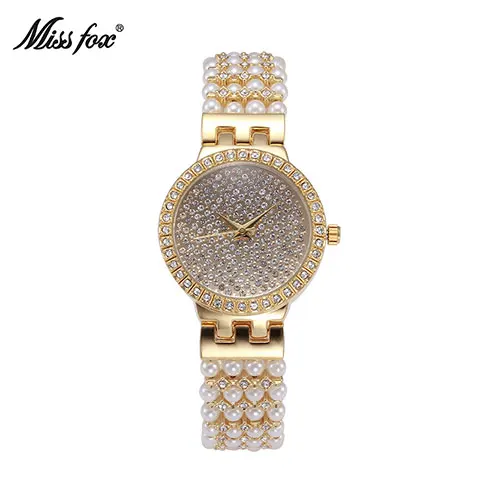 MissFox Miss Fox Роскошные Для женщин часы Серебряный браслет часы Для женщин золото Водонепроницаемый наручные часы для Для женщин Баян коль saati - Цвет: Gold