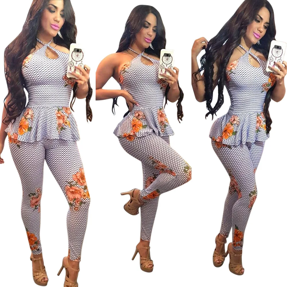 

2019 New spring Fashion Casual plaid ruffled print set halter Sling top + full length trousers suit Two Piece Sexy Women's Sets