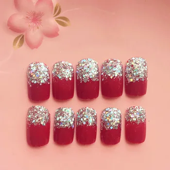 

24pcs/set Bride Wedding Party Nail Decoration Women Fashion Glitter Patch Nail Art Tools Red Color Short Size Fake Nails
