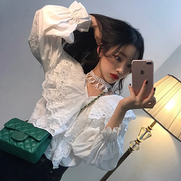 

Tassels Choker White Blouse Layers Ruffles Crochet Hollow Out Shirt Women Top Kawaii Chemise Femme Chemisier Blusan Blusa Mujer