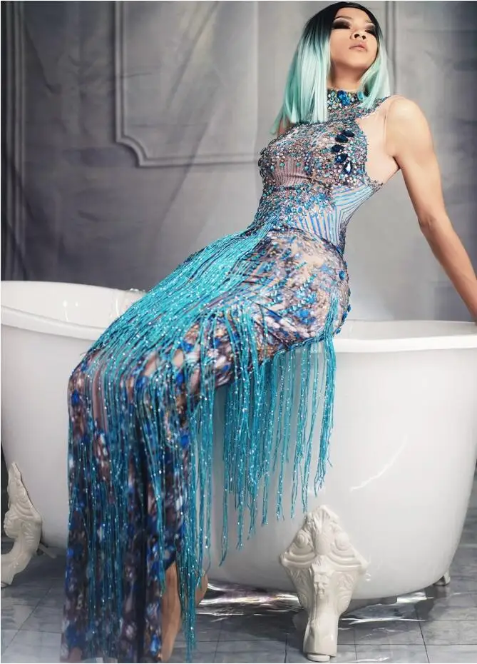 

Bling Blue Rhinestones Tassels Long Dress Birthday Celebrate Dress Female Singer Show Stretch Wear Evening Party Dress