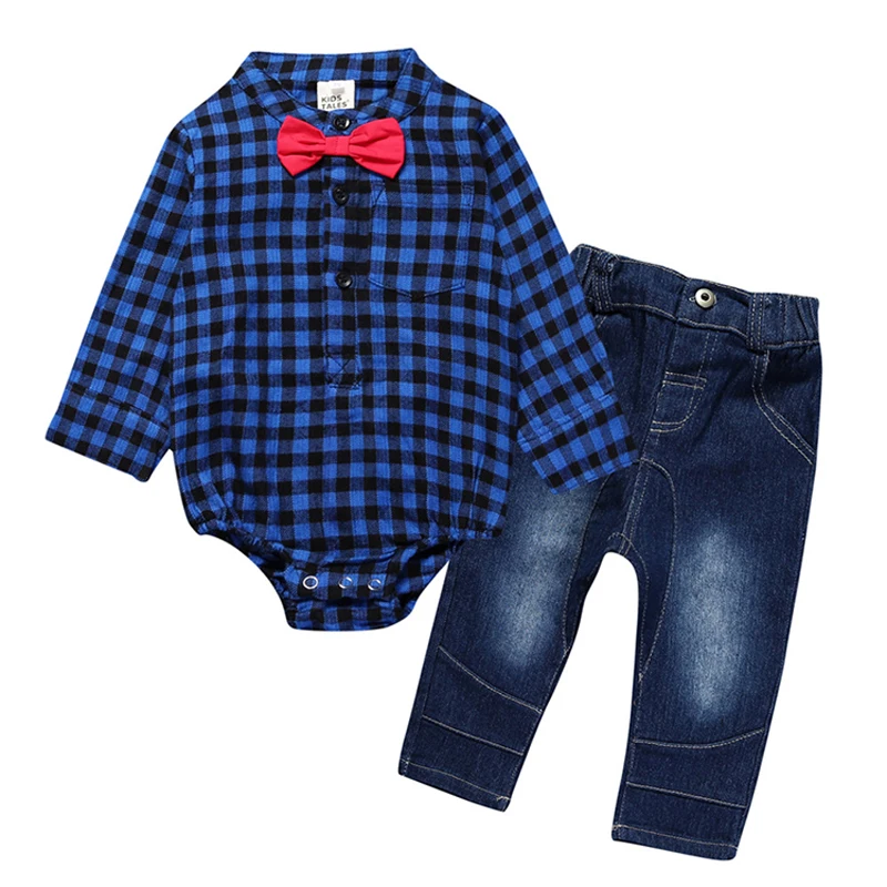 Toddler Baby Boys Gentleman Outfits Long Sleeve Plaid Shirt+Jeans Clothing Set