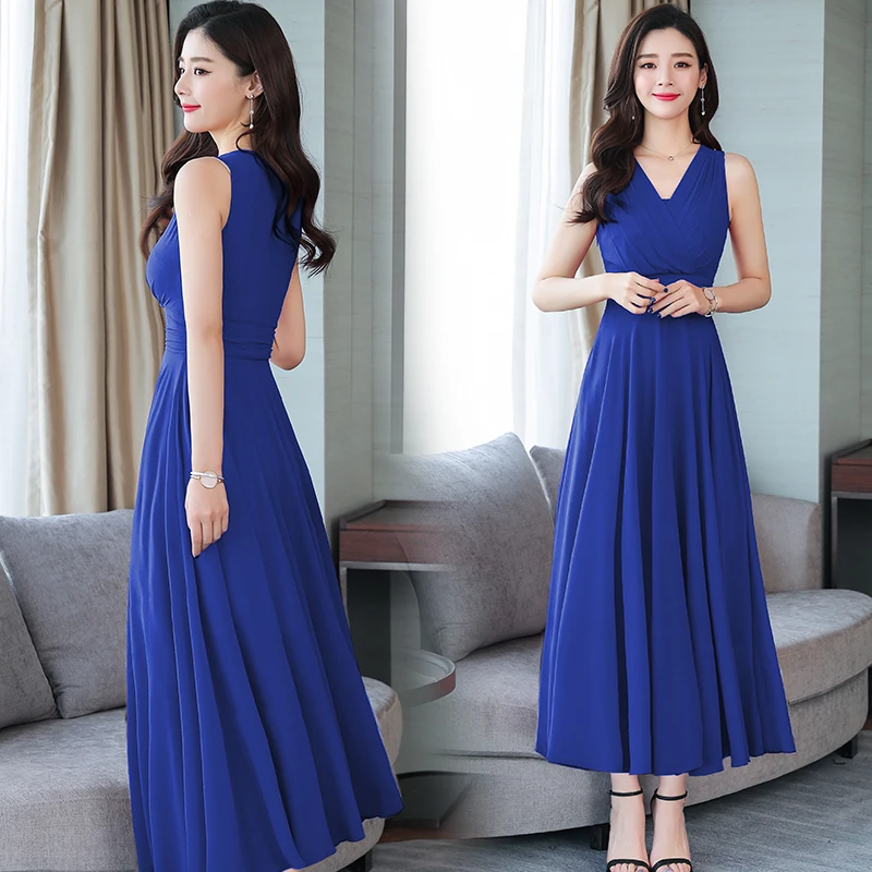 

HMH77L#V-neck Summer 2019 New Korean Fashion Long Chiffon Bridesmaid Dresses Graduation Dress Purple blue Famous Women Bohemia