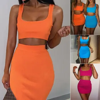 

Women 2 Piece Bodycon Two Piece Solid Crop Tops and Skirt Set Romper Party Clubwear Elegant Women Clothes 2019
