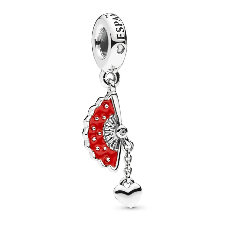 

2019 NEW 100% 925 Sterling Silver Spanish Fan Dangle Charm Red Pendant Bead For Women DIY Bracelet & Bangle Making Jewelry Gift