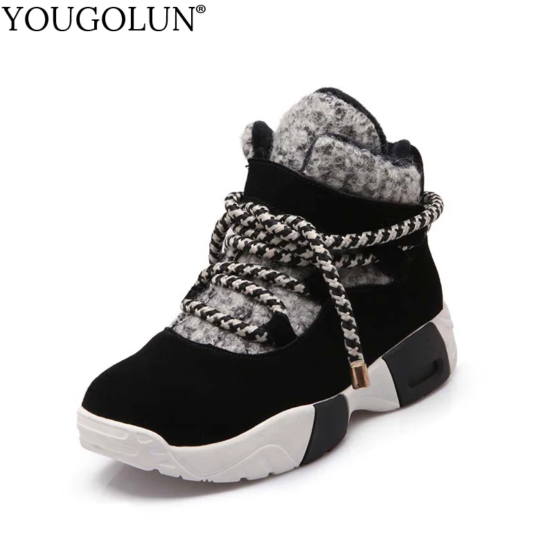 

YOUGOLUN Ankle Boots For Women Cow Suede 2018 New Winter Lady Snow Boots Cross Tied Mixed Colors Wedges Black Warm Shoes #Y-001