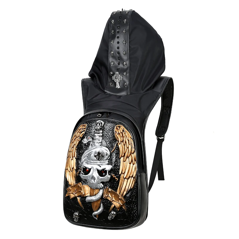 

Fashion New Gothic Style Personality 3D leather backpack rivets skull backpack with Hood cap apparel bag cross bags hiphop man