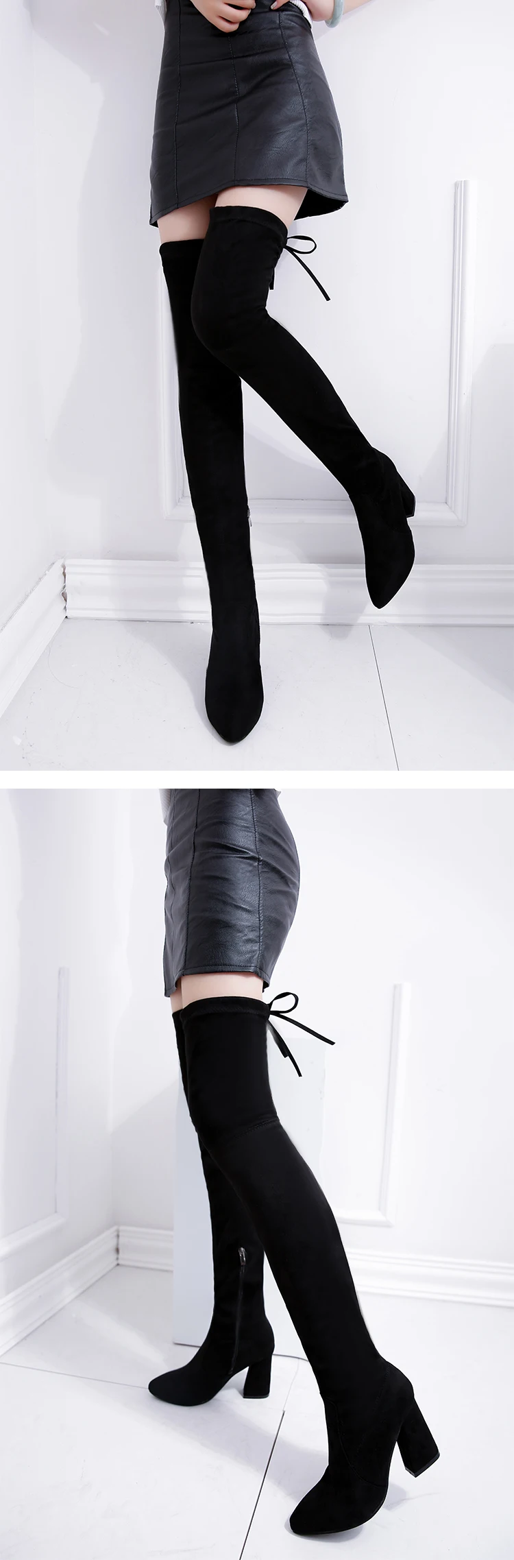 Новые зимние сапоги высокие замшевые сапоги выше колена на толстом высоком каблуке простые женские высокие сапоги с острым носком женские сапоги; y102