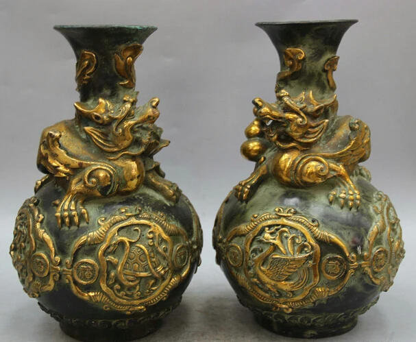 

JP S0524 12" Marked Chinese Palace Bronze Gild Fu Dragon Unicorn Beast Bottle Vase Pair