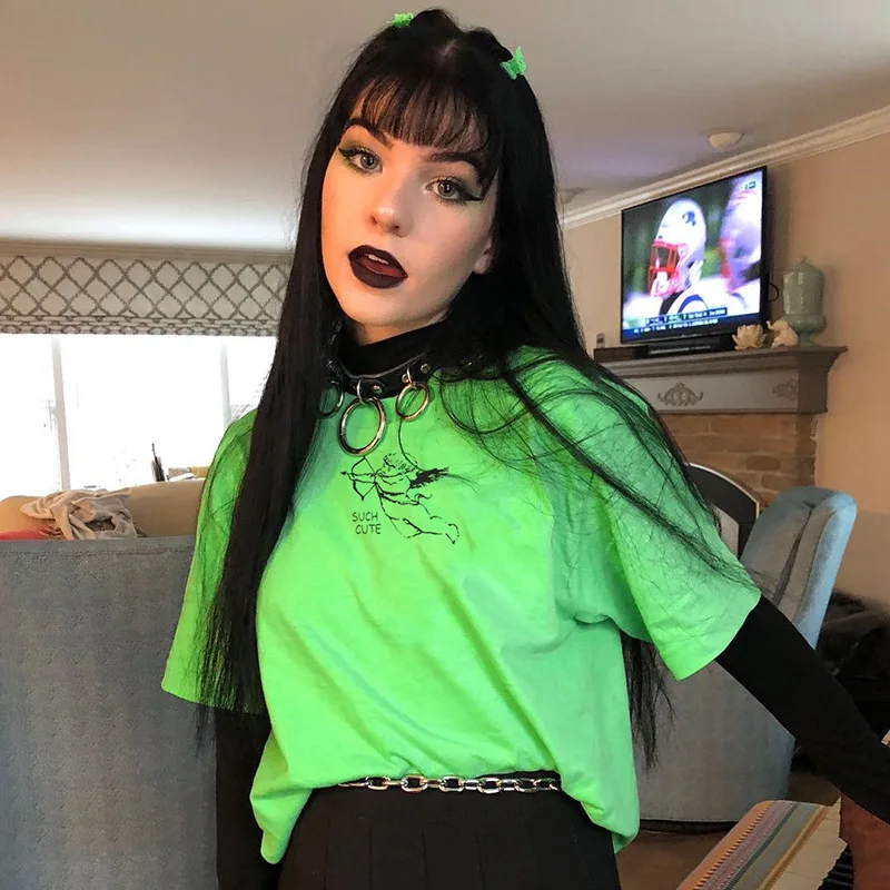 

Neon Green Angel Print Graphic Tees Women Tshirt Streetwear Harajuku Aesthetic Summer Casual Short Sleeve Tops