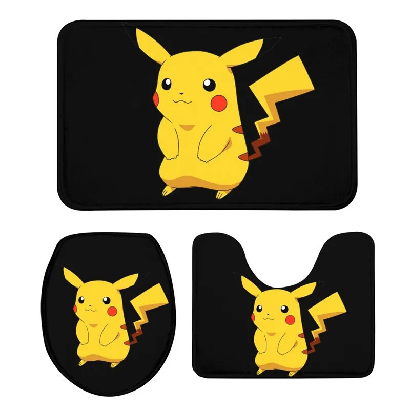

3Pcs Toilet Seat Mat Suit Anime Cartoon Cute Pikachu 3D Printing Rug Anti-Slip Suction Grip Bath Mats Bathroom Washroom Doormats