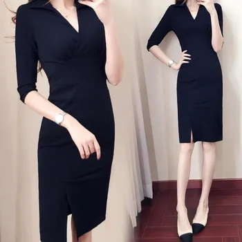 

2019 Spring Summer Dress Women Office Lady Vintage Vestidos Formal Party Work Wear Slim Deep V Neck Pencil Dress Female Clothing
