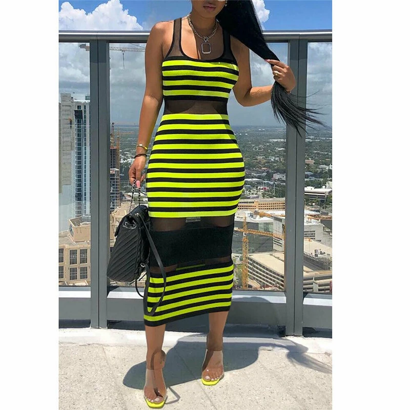Women Dress Sexy Stripe Sleeveless Ladies Bodycon Clubwear Evening Party Women Mesh Dress Dresses Hollow Out Ladies Maxi Dresses
