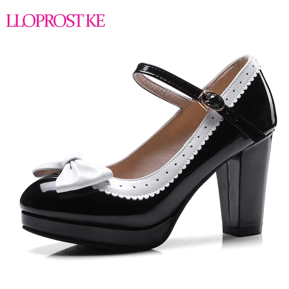 

Lloprost ke Autumn New Style Lolita Womens Shoes Bowtie Block Thick High Heels Ankle Strap Mary Jane Pumps Lady Size 32-48 MY624