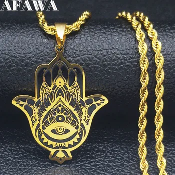 

2020 Fashion Hamsa Hand Stainless Steel Long Necklace Men Gold Color Necklaces Jewerly acero inoxidable joyeria mujer N18984