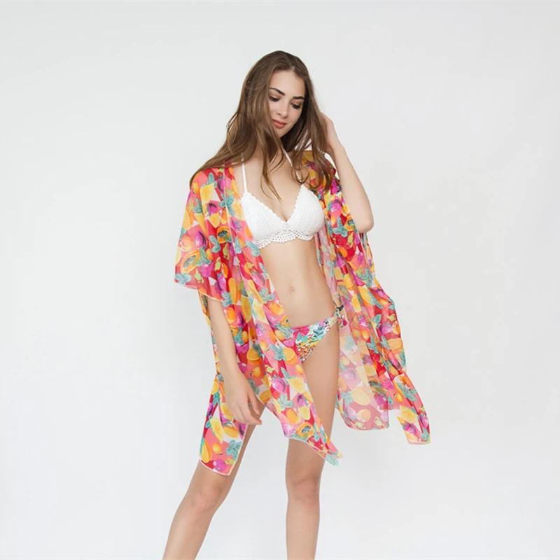 

Loose large size Chiffon shawl women's Camouflage fruit print bikini Cover-ups summer Beach Anti-UV Medium long section shawl