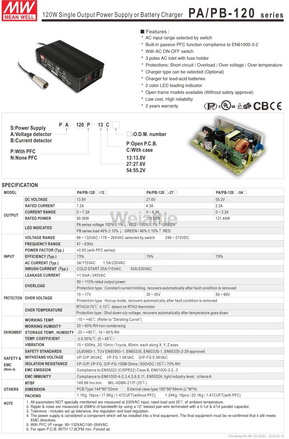 Средний проверенный PA-120P-27C 27,6 V 4.3A meanwell PA-120P 27,6 V 118,68 W блок питания или зарядное устройство