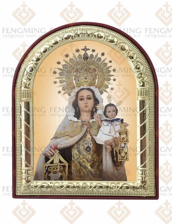 Может на заказ Христианский Религиозный католический образ Virgen del Carmen оптом металлическая рамка серебро золото на пластике крещение подарки